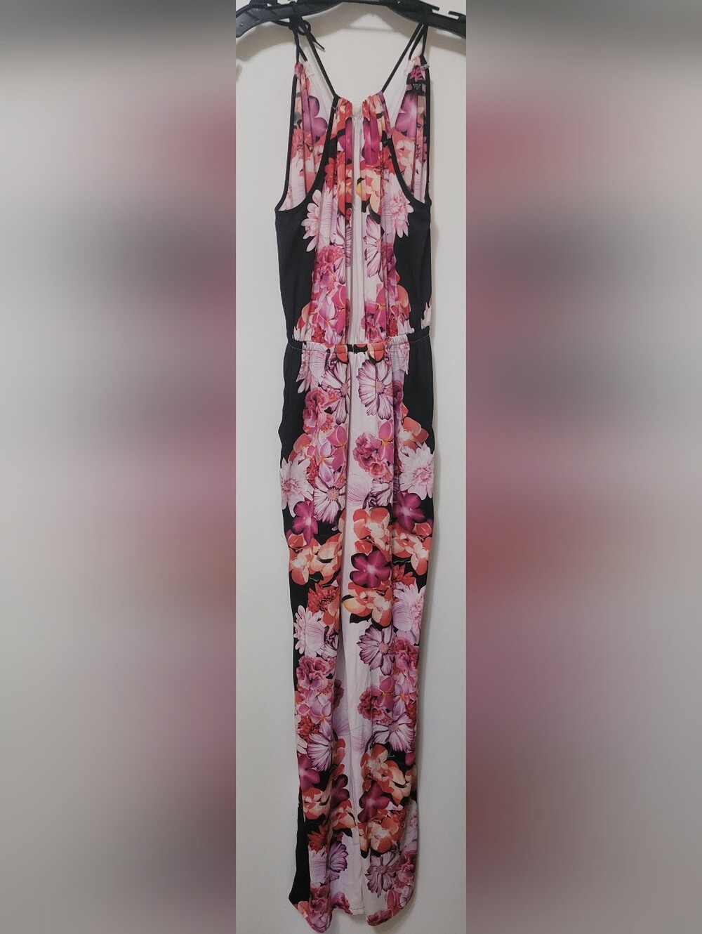 Bebe Black Jumpsuit with Pink Floral Print